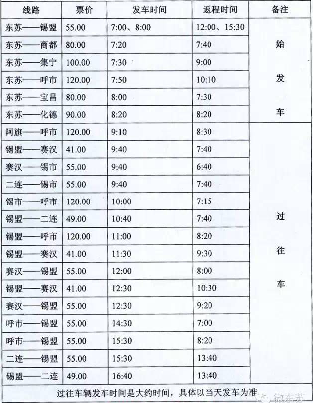 苏尼特左旗班车时刻表