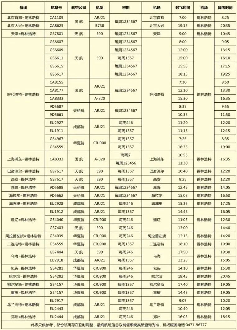 锡林浩特机场航班时刻表