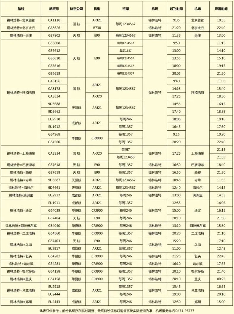 锡林浩特机场航班时刻表